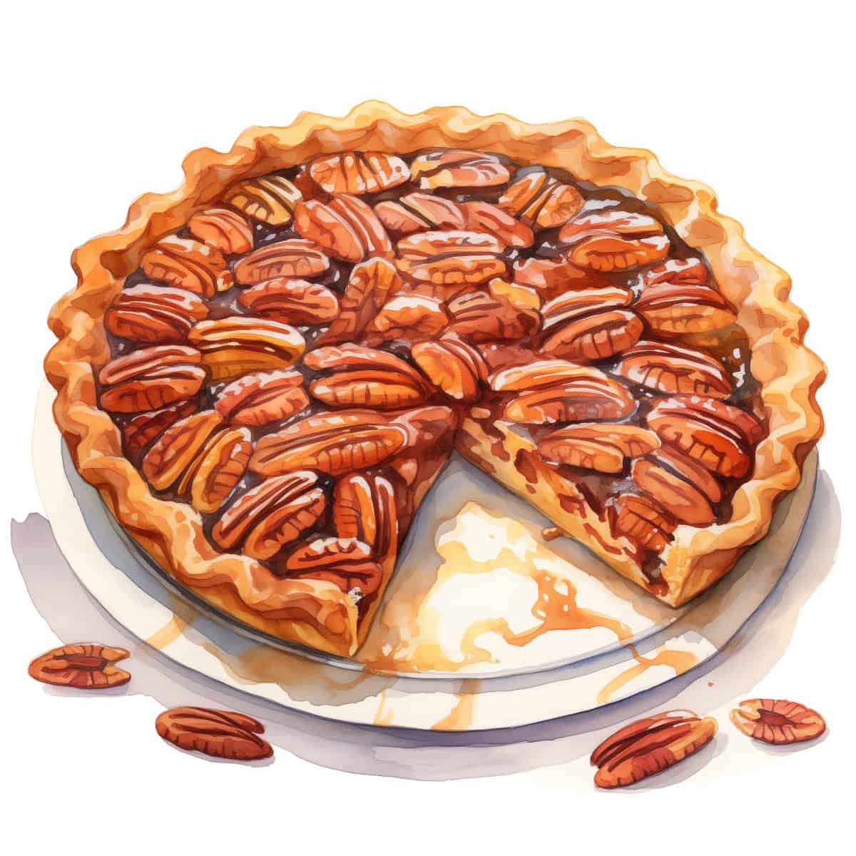 A watercolor of pecan pie with one slice removed