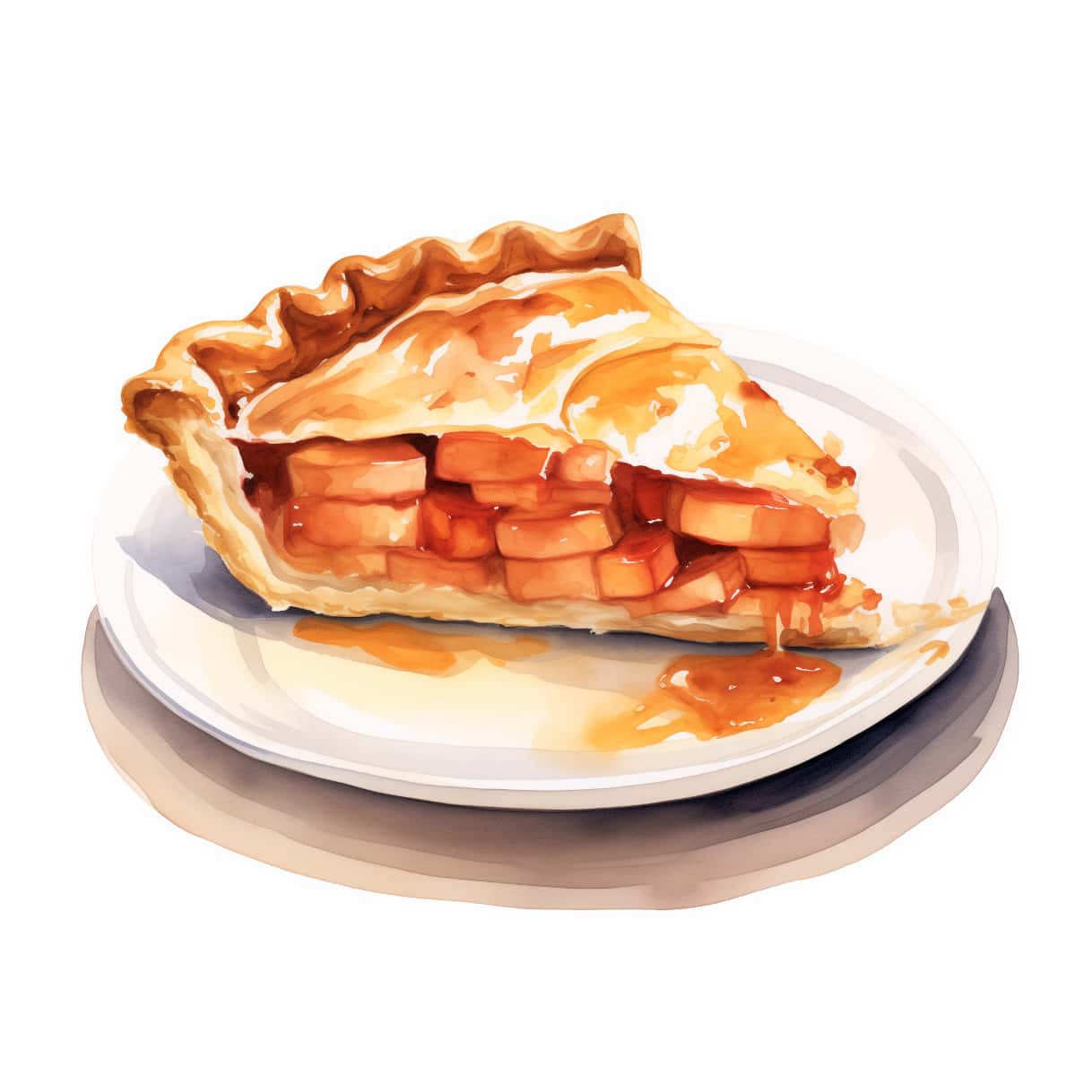 A watercolor of a slice of apple pie on a white plate