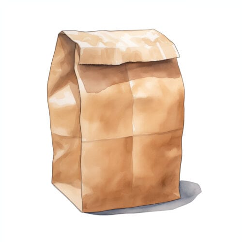 A watercolor of a brown paper lunch bag