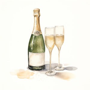 A watercolor of a bottle of champagne and two filled flutes