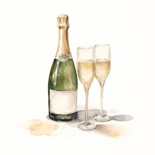 A watercolor of a bottle of champagne and two filled flutes