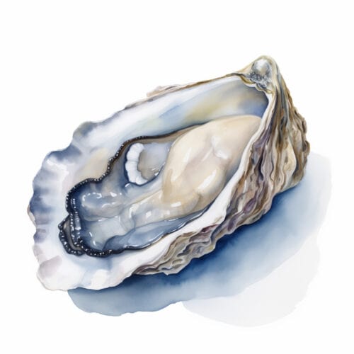 A watercolor of a shucked oyster