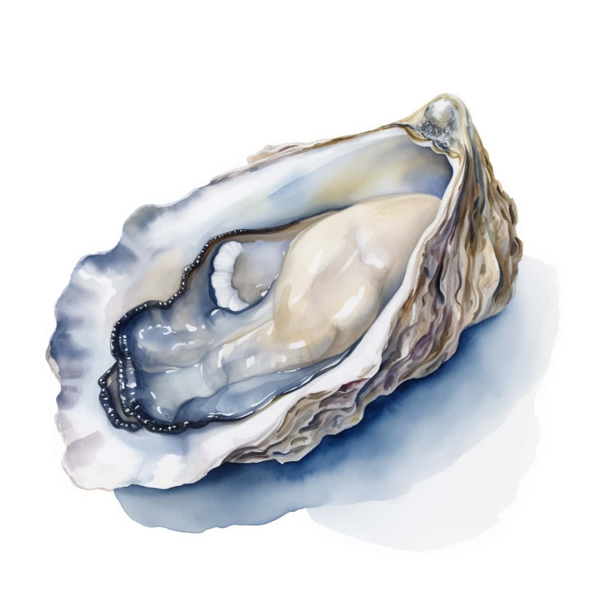 A watercolor of a shucked oyster