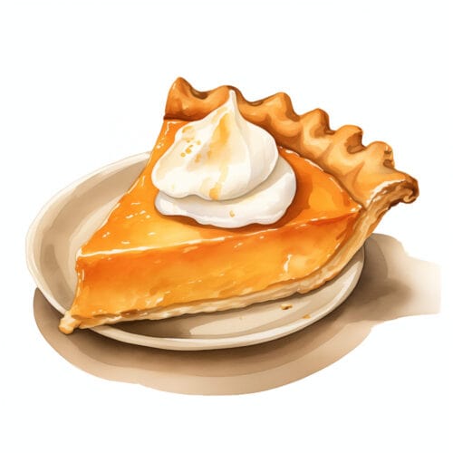 A watercolor of a slice of pumpkin pie topped with shipped cream