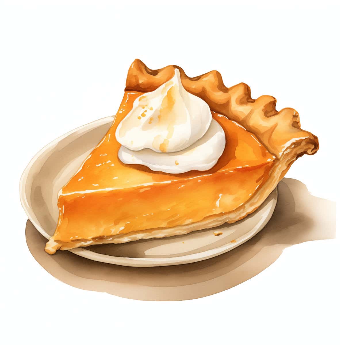 A watercolor of a slice of pumpkin pie topped with shipped cream