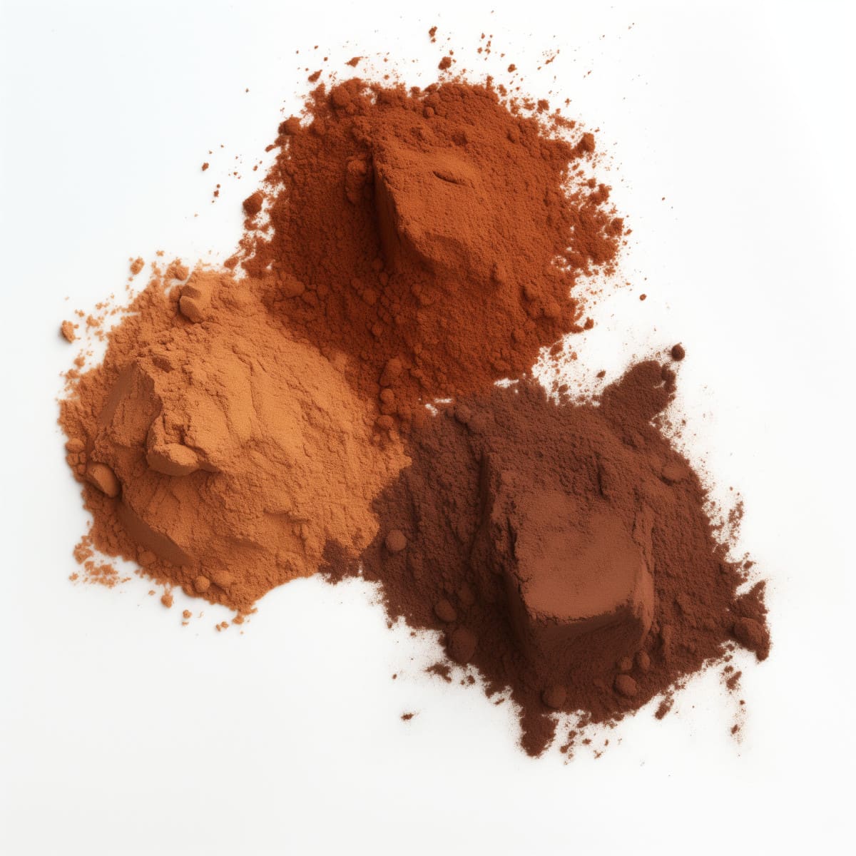Three piles of cocoa: natural, dutched and black