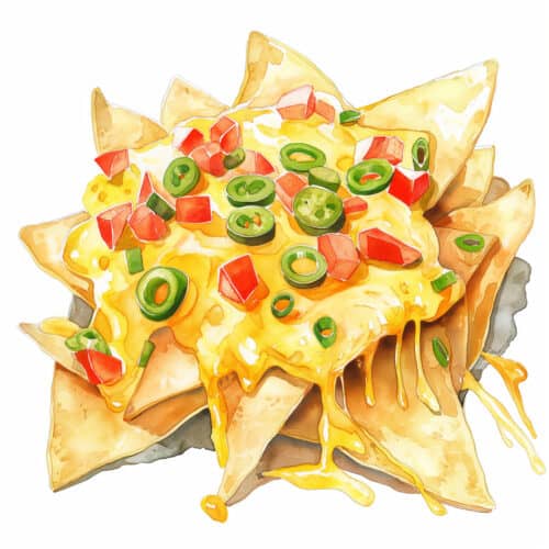 A watercolor of a pile of nachos with cheese sauce