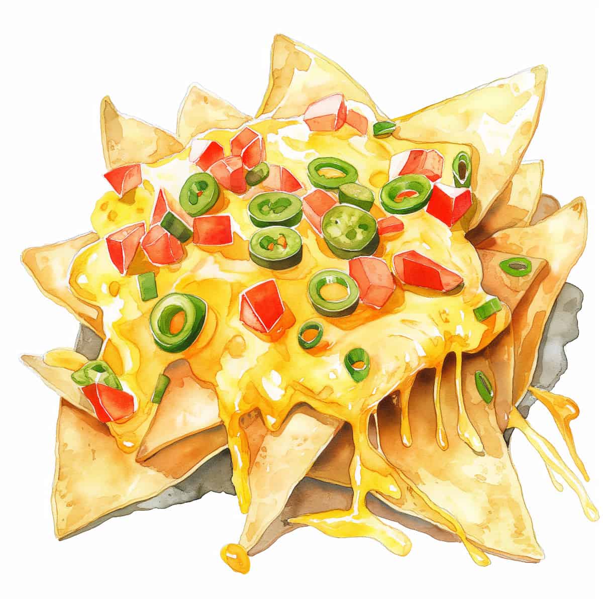 A watercolor of a pile of nachos with cheese sauce
