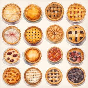 A watercolor of 16 different whole pies in a 4x4 grid