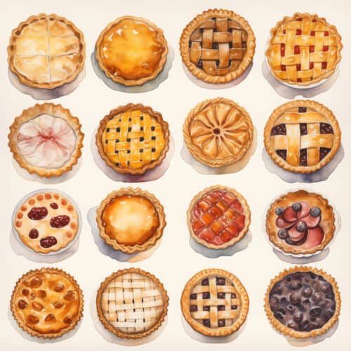 A watercolor of 16 different whole pies in a 4x4 grid