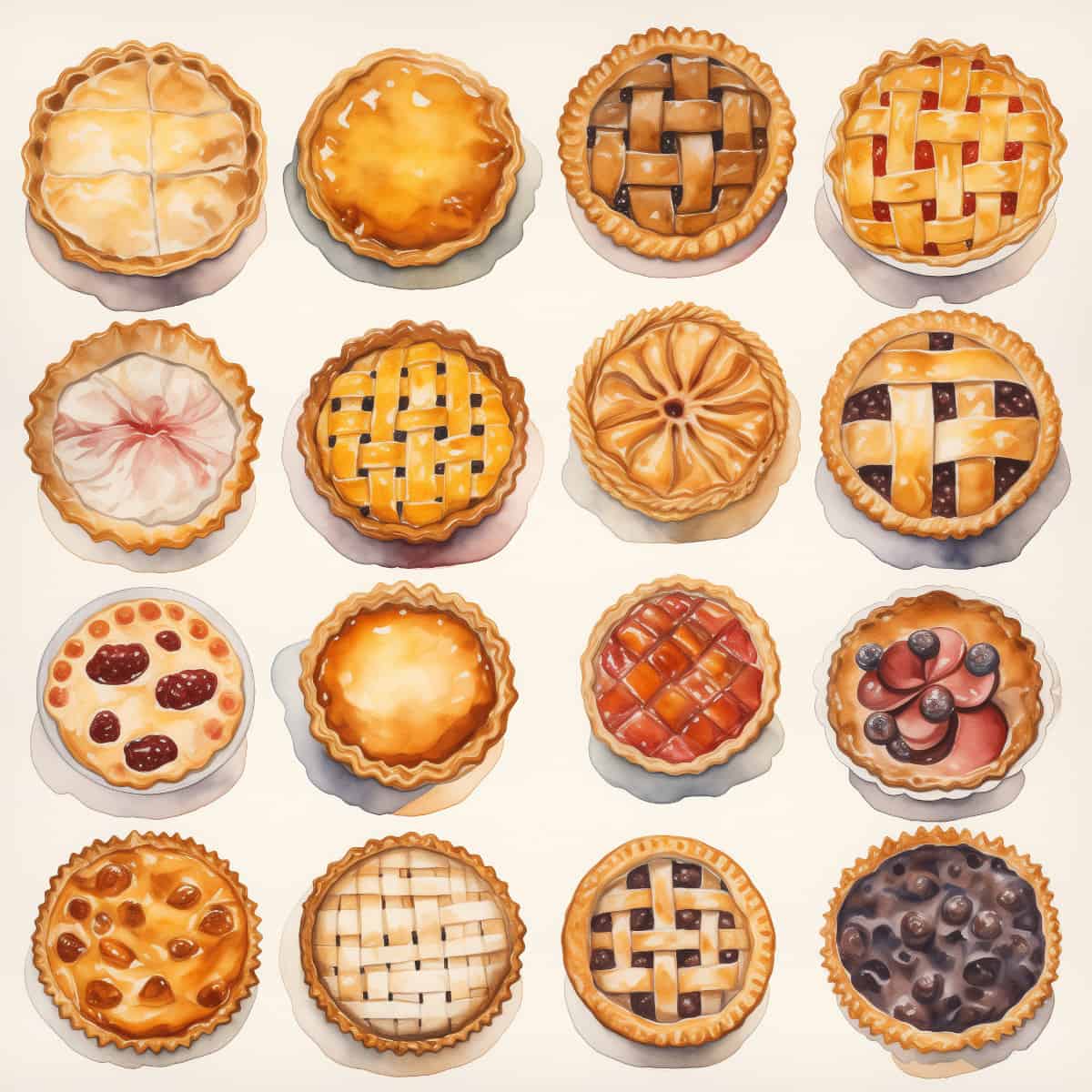A watercolor of 16 different whole pies in a 4x4 grid