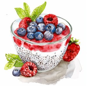 A watercolor of chia seed pudding with fruit