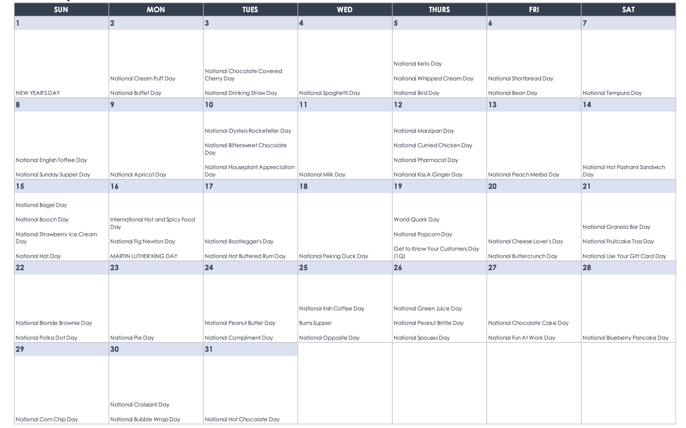An image of the January 2023 calendar of national days